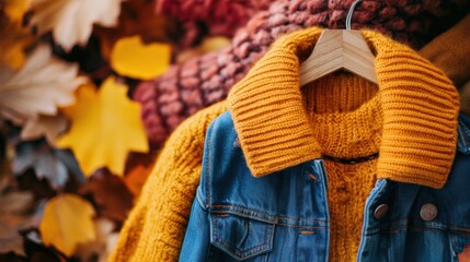 Poster - Cozy autumn fashion featuring a yellow sweater and denim jacket against a backdrop of colorful foliage. Generative AI
