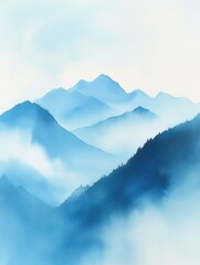 Sticker - Beautiful misty mountain landscape during early morning hours with soft blue hues and layered peaks. Generative AI