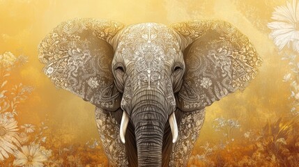 Leinwandbilder - Majestic elephant adorned with intricate patterns in a vibrant floral backdrop during golden hour. Generative AI