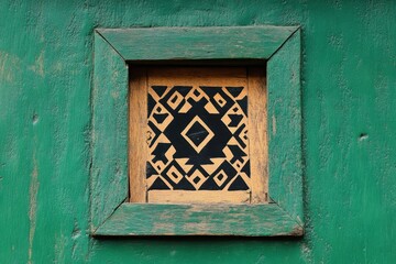 Wall Mural - Detailed view shows wooden square window frame with geometric design