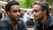 © Qory - Two young men conversing outdoors, daytime, urban setting