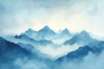 Poster - Majestic mountains surrounded by misty clouds provide a calm experience of nature at dawn in serene blue tones. Generative AI