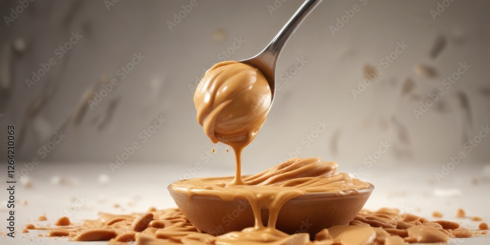 Smooth creamy peanut butter in a spoon with a single drop falling off ...