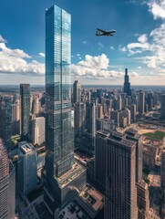 Wall Mural - Skyscraper in Chicago with airplane flying above modern city skyline during daytime. Generative AI