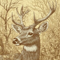 Aufkleber - Engraved deer portrait in intricate line work featuring sepia tones with designated space for text. Generative AI