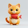 © fuwen - A cat holding red fish with its mouth. The background is grey and plain.