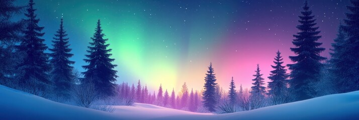 Poster - Dazzling northern lights light up a winter landscape filled with evergreen trees under a starry night sky. Generative AI