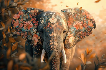 Poster - Majestic elephant with floral patterns standing among autumn leaves in a serene forest setting at golden hour. Generative AI