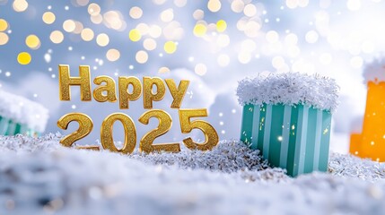 Wall Mural - Happy New Year 2025  Glittering Gold Numbers  Festive Gifts  Winter Snow Scene