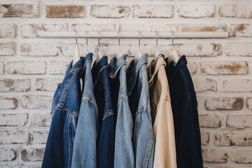 Aufkleber - Denim jackets displayed on a rustic brick wall provide a vintage vibe for casual fashion enthusiasts. Generative AI