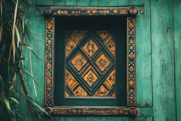 Ornate window with geometric wood carvings and a teal frame