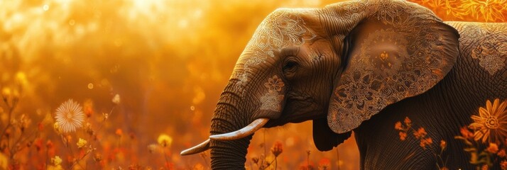 Poster - Majestic elephant walking through a vibrant flower field at golden hour amidst enchanting sunlight. Generative AI