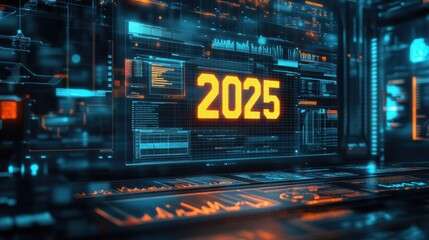 2025 Futuristic Tech Interface Digital Screens Data Analytics Orange Glow