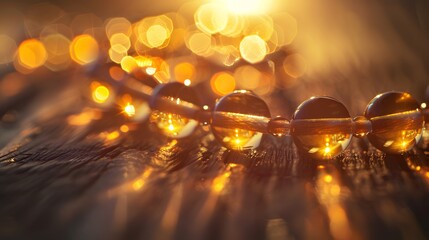 Aufkleber - Macro shot of glowing glass beads on a string, illuminated by warm cinematic light, intricate textures highlighting elegance