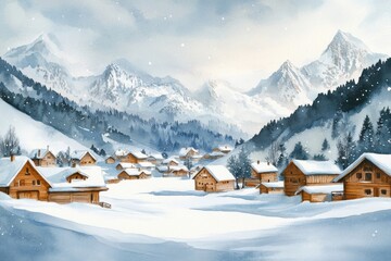 Aufkleber - Mountain village covered in snow during winter with wooden houses and majestic peaks in the background. Generative AI
