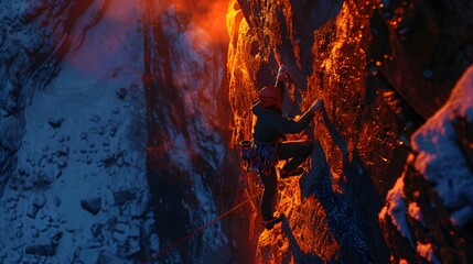 Aufkleber - Over-the-shoulder view of a climber scaling glowing cliffs illuminated by cinematic sunset light
