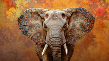 Leinwandbilder - Colorful elephant with floral designs against a vibrant background in an artistic display during daylight. Generative AI