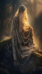 Aufkleber - Eye-level shot of a glowing traditional scarf draped over a mossy rock, illuminated by surreal golden light, cinematic storytelling