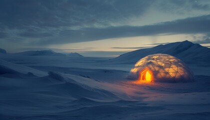 Aufkleber - Wide-angle shot of a glowing snowy tundra, a traditional igloo glowing with warm light, cinematic natural wonder and cultural depth