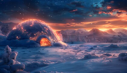 Poster - Wide-angle shot of a glowing snowy tundra, a traditional igloo glowing with warm light, cinematic natural wonder and cultural depth