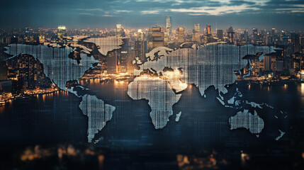 Digital world map made of binary code on a city background, global network concept