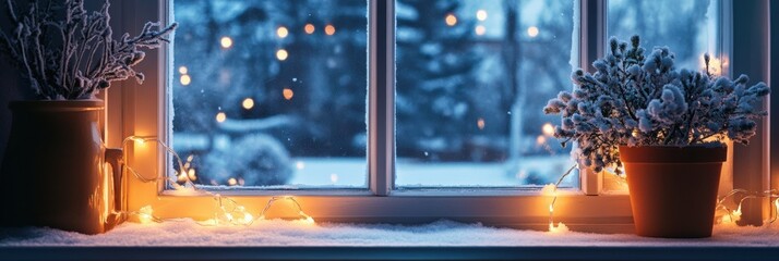 Poster - Cozy winter evening with snowy window view and warm lights illuminating potted plants in the foreground. Generative AI