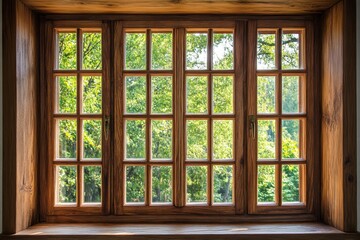 Wall Mural - Rustic wooden window frames a lush green outdoor scene