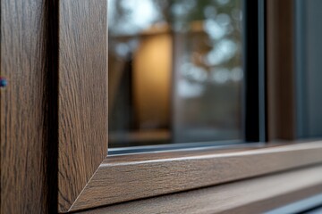 Wall Mural - A close up of a dark brown wood grain window