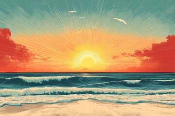 Wall Mural - vibrant sunrise over ocean waves on sandy beach. ideal for travel, vacation, or summer themes, evoke