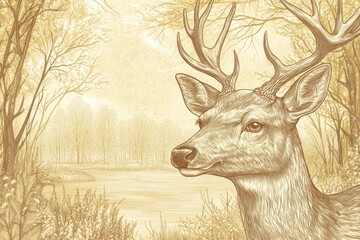 Aufkleber - Engraved deer portrait showcasing intricate line work and sepia tones with space for text in natural landscape. Generative AI