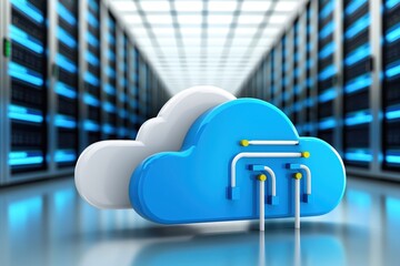 Fototapete - Cloud Computing Data Center Server Room with Blue and White Cloud Storage Technology