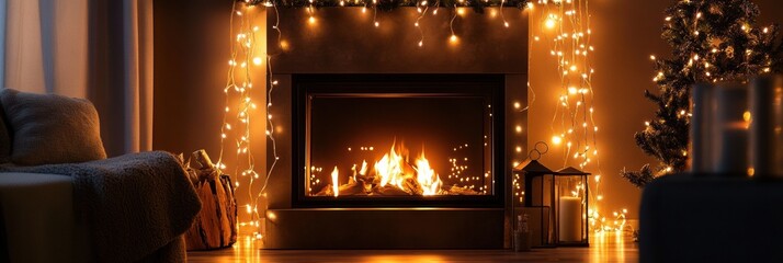 Poster - Warm and cozy living room with a fireplace and festive lights during winter evenings. Generative AI