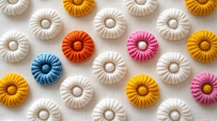 Aufkleber - Colorful Yarn Flowers on Textured Fabric Background Artistic Craft Project Close Up View
