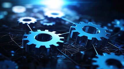 Poster - Metallic Gears Interconnected on a Complex Network in Blue Tones Representing Technology