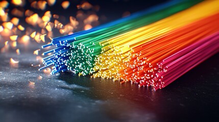 Aufkleber - Vibrant Spectrum of Fiber Optic Cables Illuminating a Dark Surface with Bokeh Lights