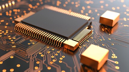 Aufkleber - Intricate Microchip Design Golden Circuit Board Lines and Components High Tech Motherboard Detail