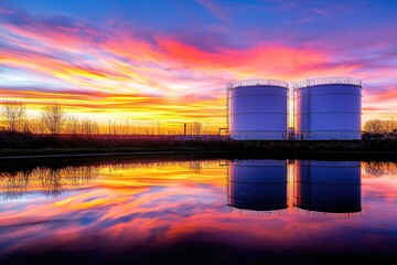 Poster - Industrial tanks reflecting vibrant sunset colors in tranquil water at golden hour