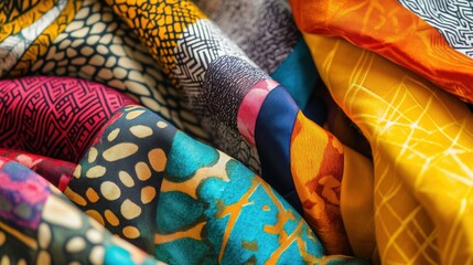 Leinwandbilder - Close up of intricate patterned fabrics featuring floral and geometric designs with space for personalized text. Generative AI