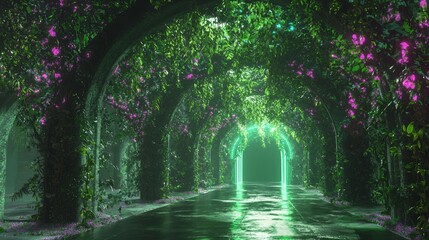 Wall Mural - Lush Green Pathway with Vibrant Flowers and Glowing Metal Supports