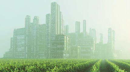 Sticker - Silhouette of a Ridged Building Against a Misty Green Landscape