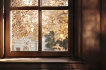 Wall Mural - Window view of trees with fall colors outside building