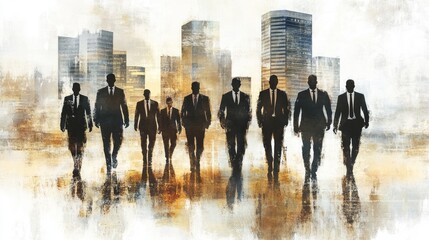 Virtual silhouettes of businessmen and ordinary people in motion, with cityscape behind, copy space, place for text