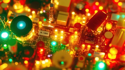 Sticker - Illuminated circuit board close-up, glowing components, technology background, electronics manufacturing