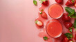 © rizkan - Refreshing strawberry juice in two glasses surrounded by fresh strawberries and mint leaves on pink backdrop