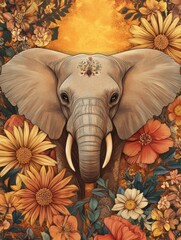 Poster - Majestic elephant surrounded by colorful flowers in a vibrant sunset setting. Generative AI