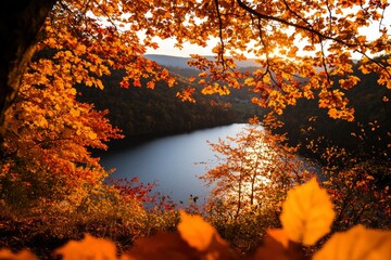 Poster - Autumn leaves frame serene lake view at sunset for travel and nature projects