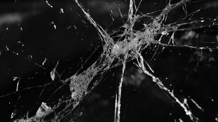 A close-up of a spider web with intricate patterns against a dark background.