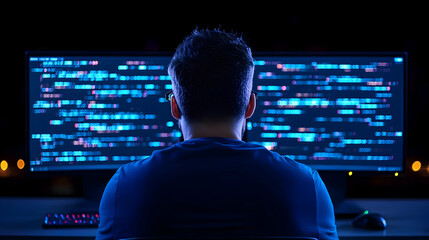 Back view of coder working at night on computer, using code for development generative AI