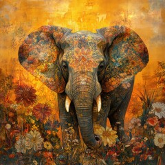 Poster - Majestic elephant adorned with vibrant flowers in a sunset landscape showcasing the beauty of nature and wildlife. Generative AI