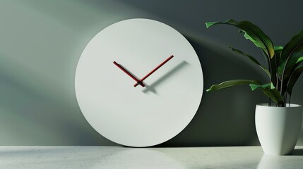 Wall Mural - Modern minimalist wall clock casting shadows on a sleek surface with a potted plant in soft natural light